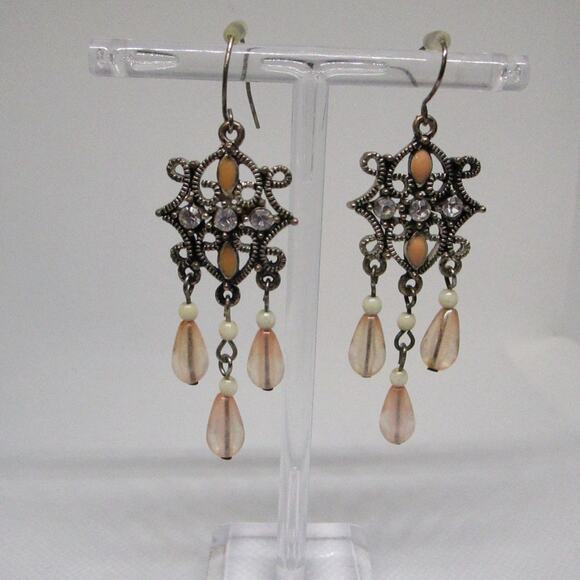 Vintage Chandelier Dangle Earrings Filigree Peach Teardrop Rhinestones Boho Glam - Picture 2 of 16
